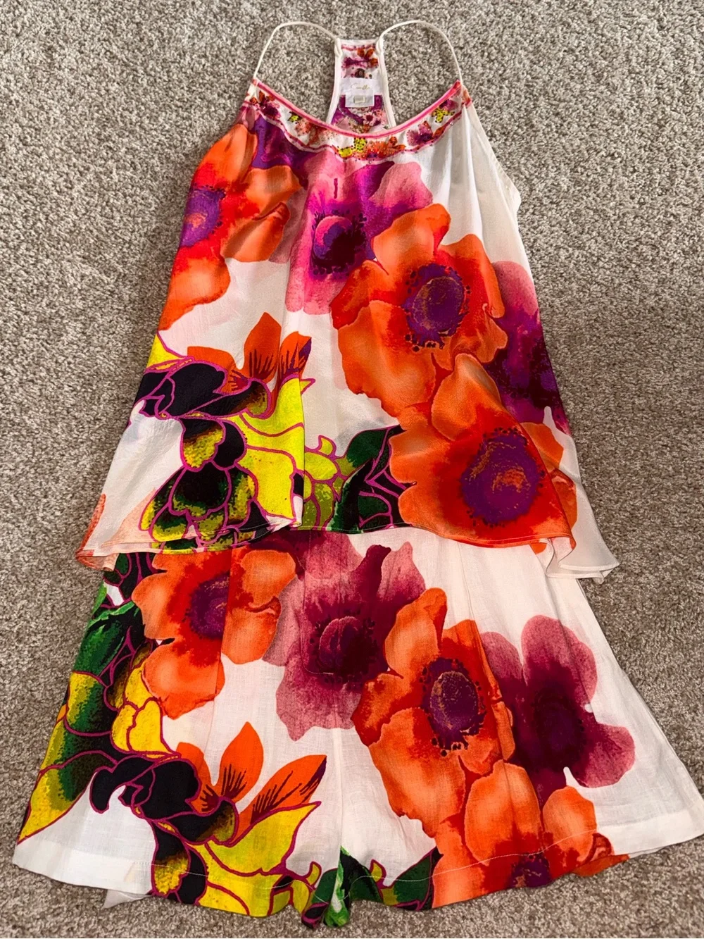 Camilla Floral Silk Linen 2 Piece Top Shorts Set Size Small